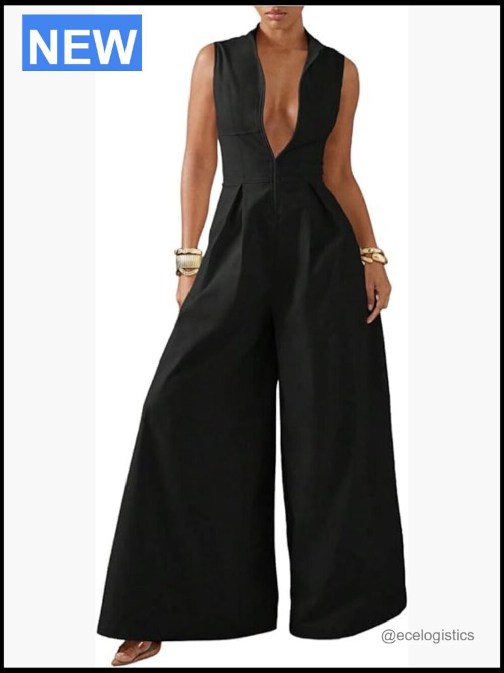 Mock Neck Sleeveless Zipper Front Wide Leg Jumpsuit Romper